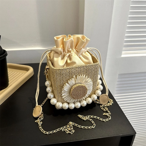 Women Straw Woven Bucket Bag Floral Decoration Artificial Pearl Handle Chain Strap Pastoral Style Square Mini Crossbody Bag