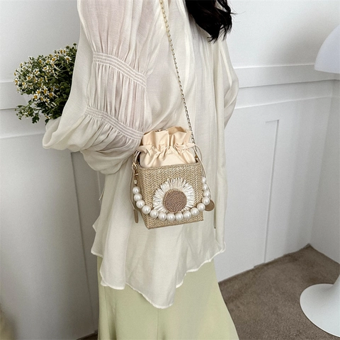 Women Straw Woven Bucket Bag Floral Decoration Artificial Pearl Handle Chain Strap Pastoral Style Square Mini Crossbody Bag