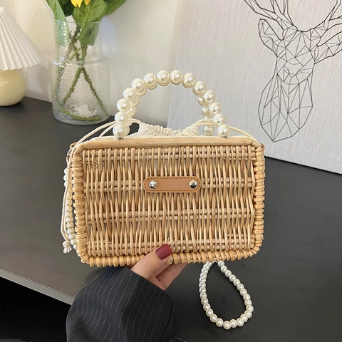 Damen Stroh Gewebte Umhängetasche Großer Künstliche Perlengriff Strand Urlaub Sommer Kordelzug Eimer Tasche Vintage Handtasche