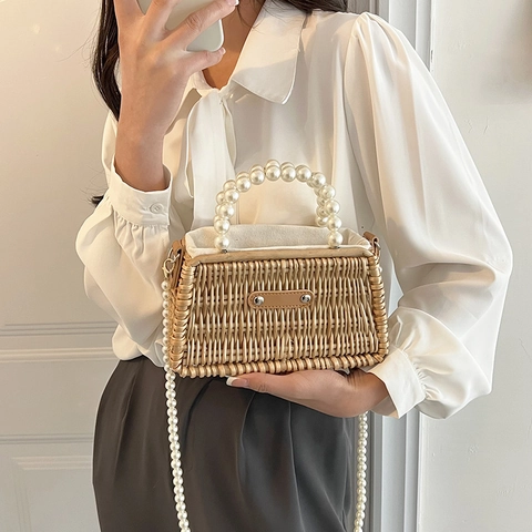 Damen Stroh Gewebte Umhängetasche Großer Künstliche Perlengriff Strand Urlaub Sommer Kordelzug Eimer Tasche Vintage Handtasche