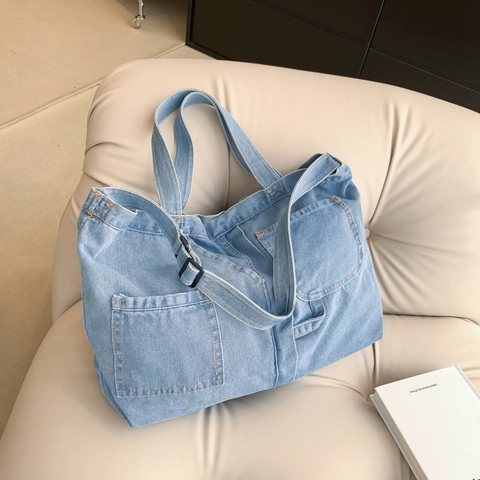 Bolso Tote De Mezclilla Lavada Gran Capacidad Varios Bolsillos Correa Ajustable Casual Mujeres