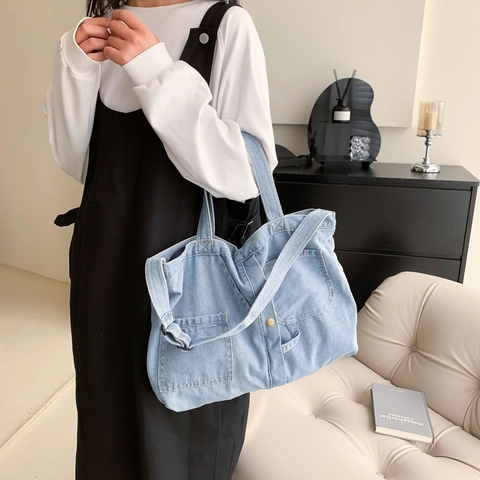 Bolso Tote De Mezclilla Lavada Gran Capacidad Varios Bolsillos Correa Ajustable Casual Mujeres