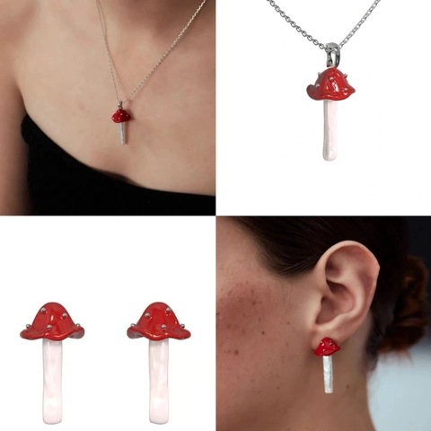 Collar Colgante Champiñón Y Pendientes Perla Barroca Agua Dulce 925 Sterling Silver Earring Post Cobre Esmalte Mujeres