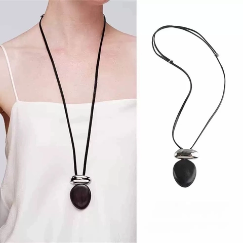 Minimalist Long Pendant Necklace Ebony Wood Copper Oval Retro Vintage Style Sweater Chain Jewelry For Women