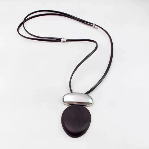 Minimalist Long Pendant Necklace Ebony Wood Copper Oval Retro Vintage Style Sweater Chain Jewelry For Women