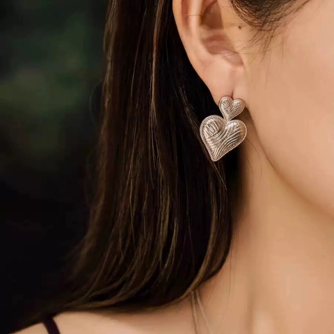 Double Heart Stud Earrings With 925 Sterling Silver Earring Post Copper 18K Gold Plated Vintage Abstract Texture Women