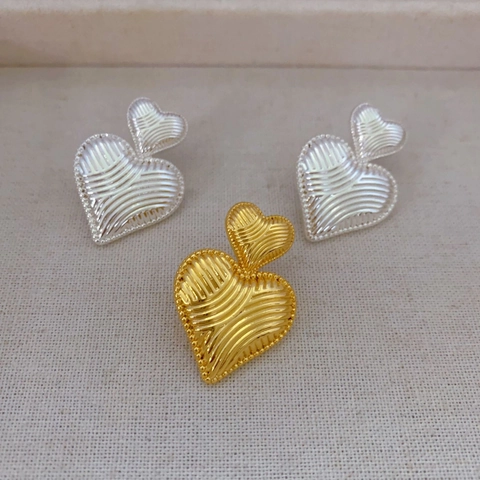 Double Heart Stud Earrings With 925 Sterling Silver Earring Post Copper 18K Gold Plated Vintage Abstract Texture Women