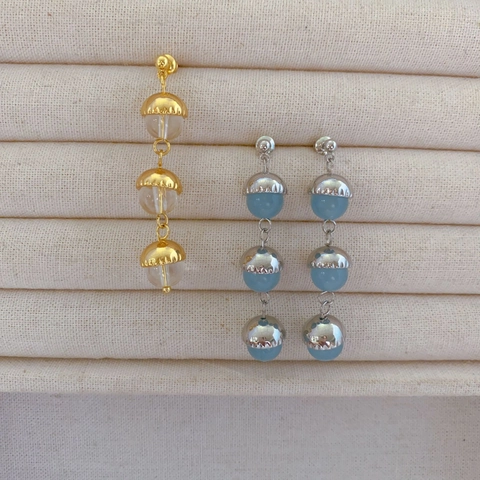 French Vintage Aquamarine Style Three Tier Drop Earrings Brass 18K Gold Plated With 925 Sterling Silver Earring Post