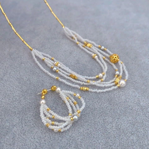 Vintage Etnische Meerlaagse Kunstparels Sieraden Ketting Oorbellen En Ring Verguld Koper
