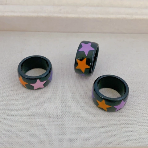 Vintage Y2K Resin Ring Colorful Star Pattern Wide Band Fashion Finger Jewelry For Women