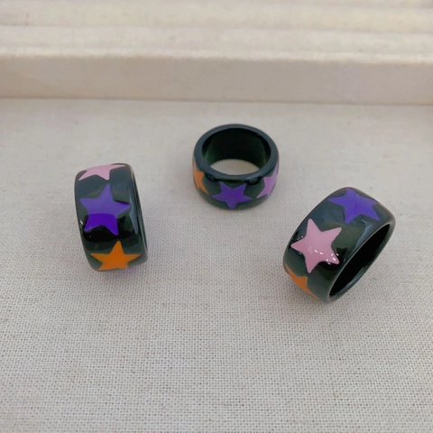 Vintage Y2K Resin Ring Colorful Star Pattern Wide Band Fashion Finger Jewelry For Women
