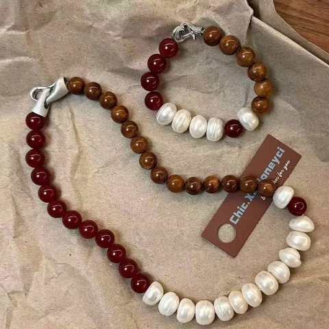 Collar Y Pulsera Hechos A Mano De Ágata Roja Ojo De Tigre Y Perla Barroca Artificial Para Mujer Estilo Bohemio