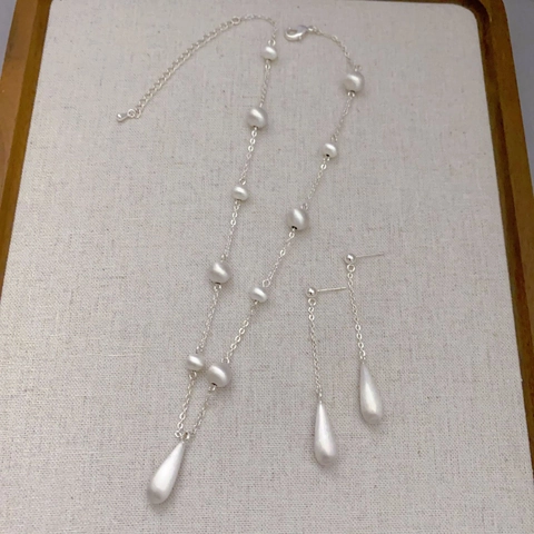 Water Drop Pendant Necklace And Earrings Brushed Brass Minimalist French Style With 925 Sterling Silver Earring Post