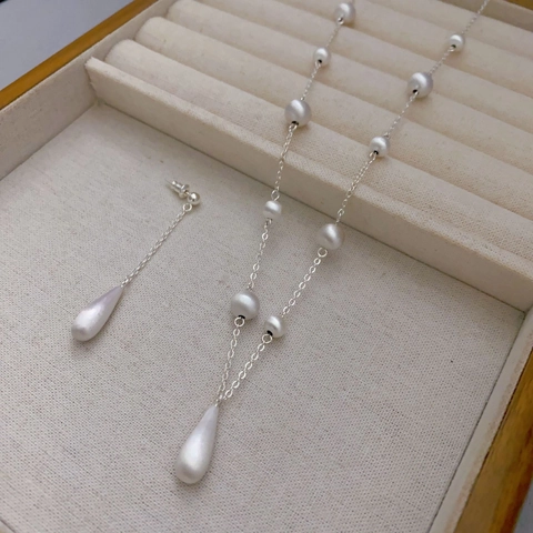 Water Drop Pendant Necklace And Earrings Brushed Brass Minimalist French Style With 925 Sterling Silver Earring Post