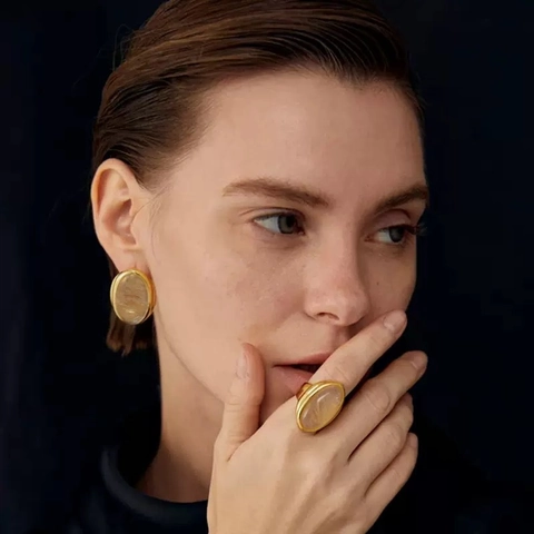 Pendientes Ovalados de Cuarzo Ahumado Vintage Con Poste de Plata de Ley 925 Chapado en Oro de 18K Latón Collar Joyería para Mujer