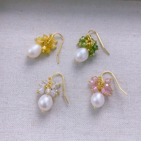 Handmade Cultured Artificial Pearl Crystal Beaded Dangle Earrings 18K Gold Plated Brass Pastoral Teardrop Elegant Jewelry Women