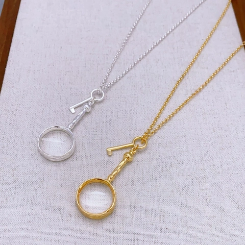 Collier Pendentif Clé Loupe en Laiton Plaqué Or 18K Vintage pour Femmes Bijoux de Chaîne de Pull Longue Rétro