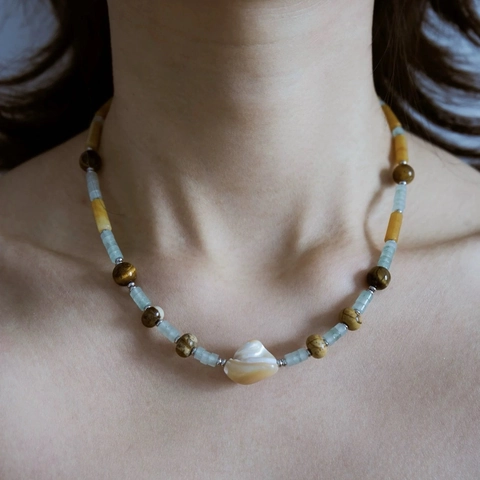 Naturstein Perlenkette Mit Unregelmäßigem Muschelanhänger Boho Stil Bambusform Perlen Lässiger Modeschmuck Für Damen