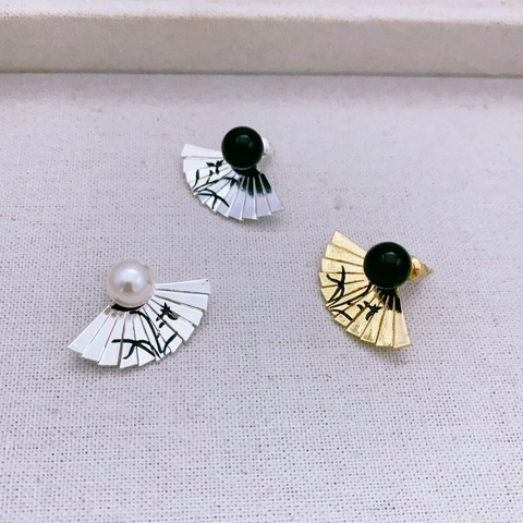 Chinese Style Folding Fan Stud Earrings With 925 Sterling Silver Earring Post Brass 18K Gold Plated Ink Wash Bamboo