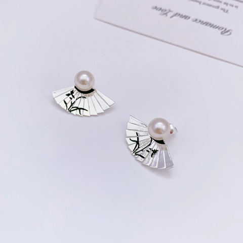 Chinese Style Folding Fan Stud Earrings With 925 Sterling Silver Earring Post Brass 18K Gold Plated Ink Wash Bamboo
