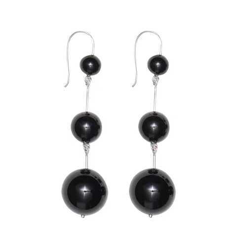 Orecchini Pendenti Con Tripla Perlina Agata Nera Ottone Placcato Oro 18K Sfera Rotonda Sfumata Per Donna Elegante Nicchia