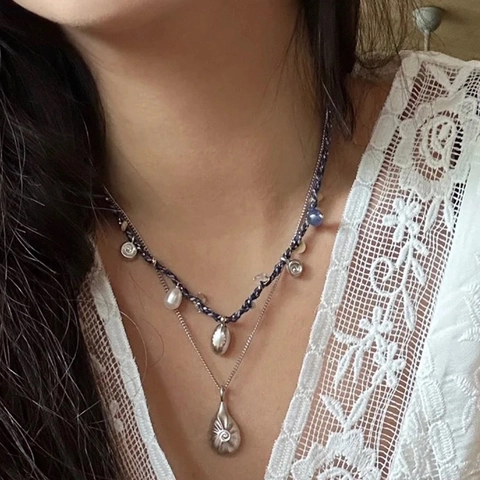 Handmade Woven Rope Necklace With Copper Shell Charm Freshwater Pearl Stone Beads Bohemian Vacation Style For Women