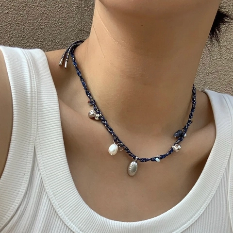 Handmade Woven Rope Necklace With Copper Shell Charm Freshwater Pearl Stone Beads Bohemian Vacation Style For Women