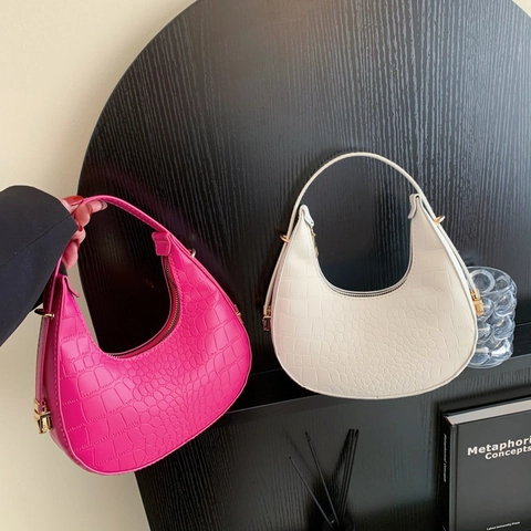 Borsa Hobo Donna a Mezzaluna in Pelle PU con Motivo a Coccodrillo Hardware Dorato Minimalista Borsa Sottobraccio Vintage