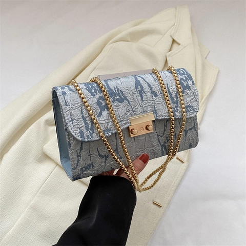 Women Pleated Shoulder Bag With Gold Chain Strap Small Square Crossbody Bag Elegant Minimalist Oxford Cloth