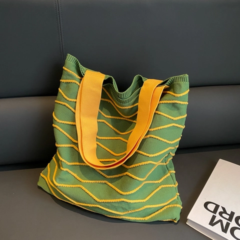 Retro-Strick-Einkaufstasche Für Damen Große Kapazität Gewebte Umhängetasche Mit Wellenmuster Lässige Weiche Handtasche
