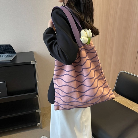Retro-Strick-Einkaufstasche Für Damen Große Kapazität Gewebte Umhängetasche Mit Wellenmuster Lässige Weiche Handtasche