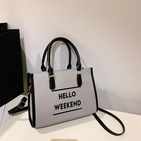 Bolso Tote Mujer Cuero PU Moda Estampado Hello Weekend Color Contraste Mano Hombro Bandolera Diario De Moda Elegante