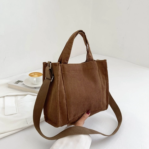 Women Corduroy Tote Bag Minimalist Small Square Shoulder Crossbody Bag Adjustable Strap Korean Casual Daily Handbag