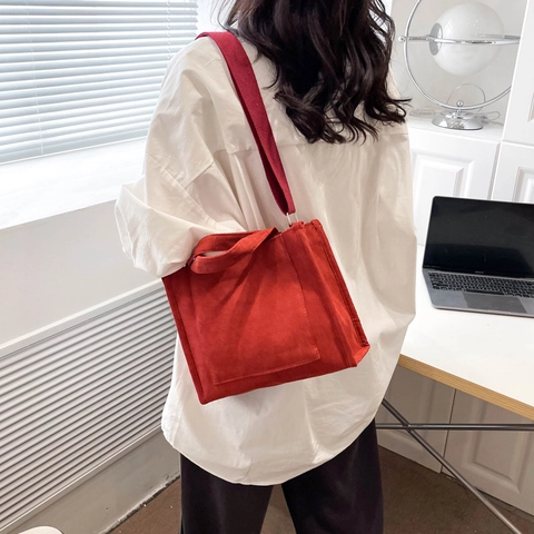 Women Corduroy Tote Bag Minimalist Small Square Shoulder Crossbody Bag Adjustable Strap Korean Casual Daily Handbag