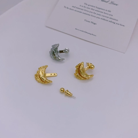 Irregular Wrinkled Crescent Earrings With 925 Sterling Silver Earring Post French Vintage Textured Brass Studs