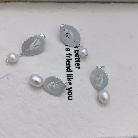 Geborstelde Ovale Holle Tulp Paardenbloem Hangoorbellen Met Gecultiveerde Kunstparel Koper 925 Sterling Zilveren Oorsteker