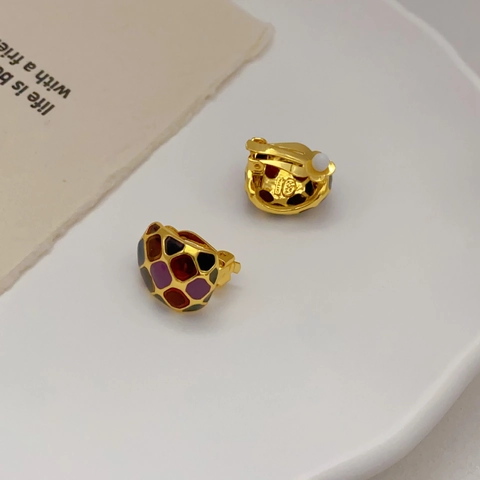 Vintage Maillard Style Clip On Earrings For Women Copper 18K Gold Plated Colorful Enamel Geometric Mosaic Luxury Retro