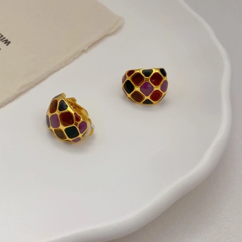 Vintage Maillard Style Clip On Earrings For Women Copper 18K Gold Plated Colorful Enamel Geometric Mosaic Luxury Retro