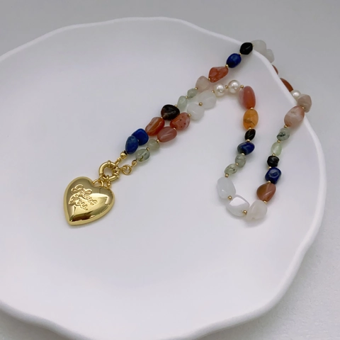Collar De Cuentas Con Piedra Natural Ágata Lapislázuli Perla Artificial Y Colgante De Corazón Chapado En Oro Vintage Para Mujer