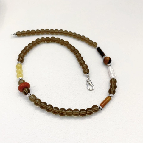 Beaded Necklace Handmade With Yellow Rutilated Quartz Smoky Quartz Tiger Eye And Baroque Cultured Artificial Pearl Vintage Boho