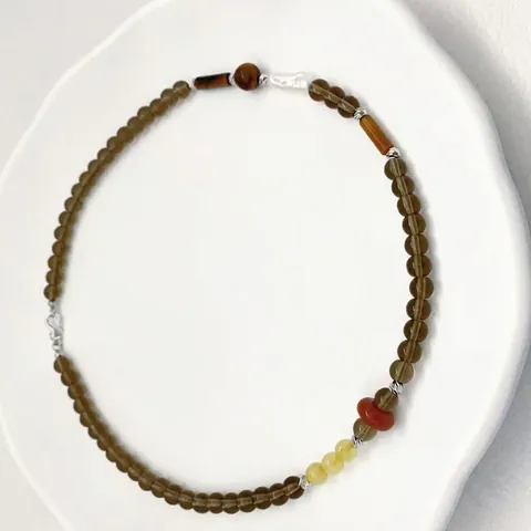 Beaded Necklace Handmade With Yellow Rutilated Quartz Smoky Quartz Tiger Eye And Baroque Cultured Artificial Pearl Vintage Boho
