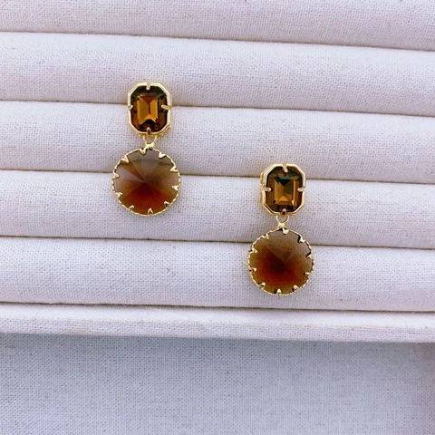 Elegantes Pendientes Largos Con Cuarzo Ahumado Sintético Latón Chapado En Oro Y 925 Sterling Silver Earring Post