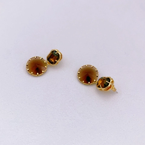 Elegantes Pendientes Largos Con Cuarzo Ahumado Sintético Latón Chapado En Oro Y 925 Sterling Silver Earring Post