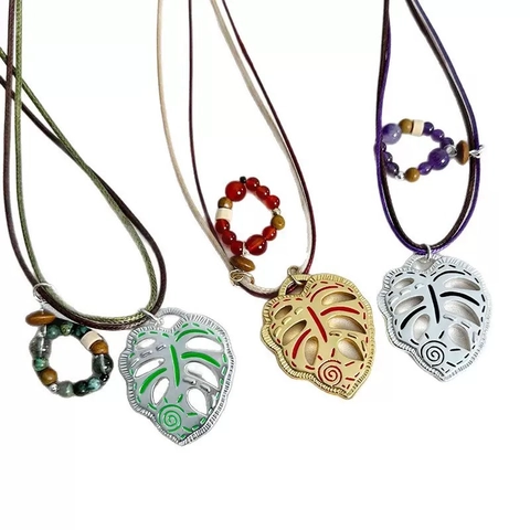 Monstera Leaf Pendant Necklace Copper Hand Woven Rope Wooden Beads Tribal Ethnic Style Retro Jewelry For Women