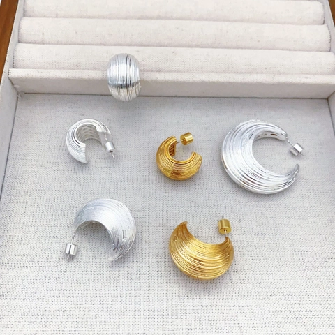 Vintage Brushed Texture Brass 18K Gold Plated C Shape Stud Earrings With 925 Sterling Silver Earring Post For Women Jewelry