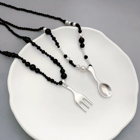 Creative Ebony Wood Beaded Long Necklace With Spoon And Fork Cutlery Pendants Copper Niche Sweater Chain For Women