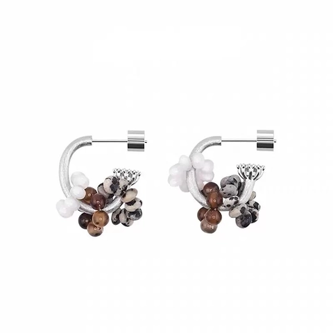 Boucles Oreilles Créoles C Pierres Perles Dalmatine Tigre Agate Laiton Plaqué Or 18K Avec Tige En Argent 925 Sterling