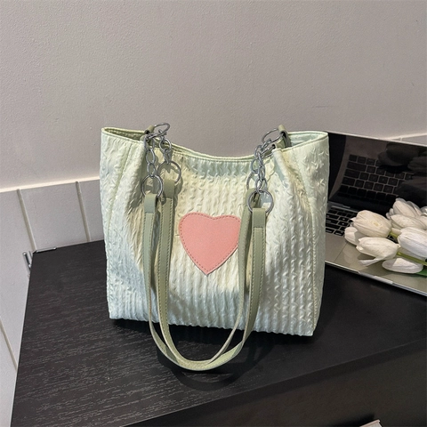 Bolso Tote Casual para Mujer Plisado Con Aplique de Corazón Cadena de Metal Nailon Gran Capacidad Bolso de Hombro para Compras Escuela Viajes