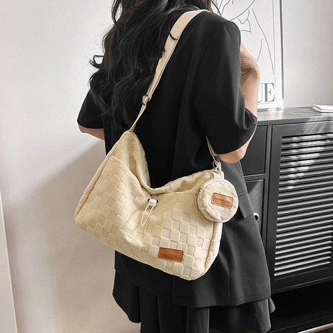 Women Canvas Checkerboard Tote Bag Large Capacity Casual Shoulder Bag With Small Round Pouch For School Daily Schoolbag