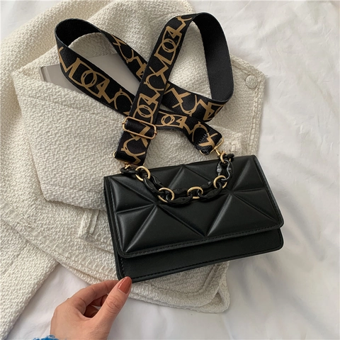 Women Quilted PU Leather Shoulder Bag Wide Strap Geometric Triangle Chain Handle Small Square Crossbody Purse